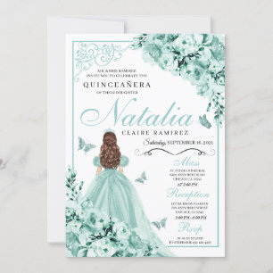 Mint Green Floral Butterflies Quinceanera Einladung