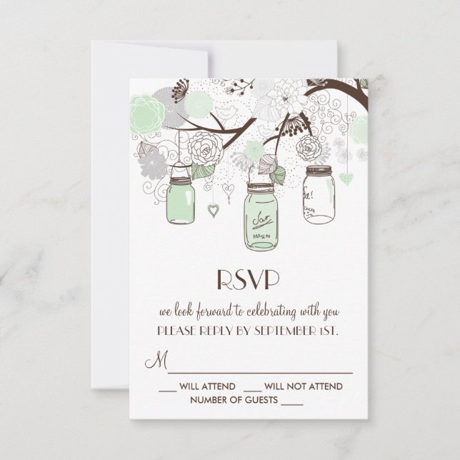 Mint Green Floral Mason Jars Wedding RSVP Card (Vorderseite)
