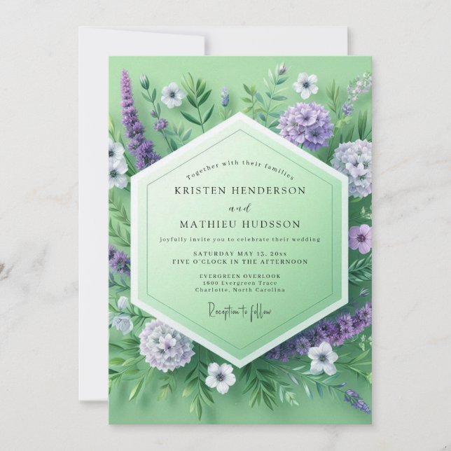 Mint Green Floral Meadow Wedding Einladung (Vorderseite)
