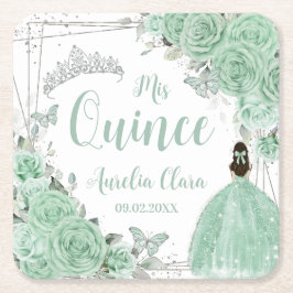 Mint Green Floral Prinzessin Silver Quinceañera Rechteckiger Pappuntersetzer