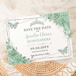 Mint Green Floral Silver Quinceanera XV Sweet 16 Save The Date