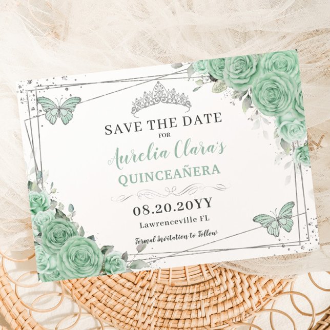 Mint Green Floral Silver Quinceanera XV Sweet 16 Save The Date (Von Creator hochgeladen)