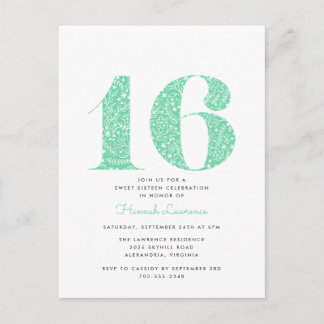 Mint Green Floral Sweet 16 Geburtstag Einladung Postkarte