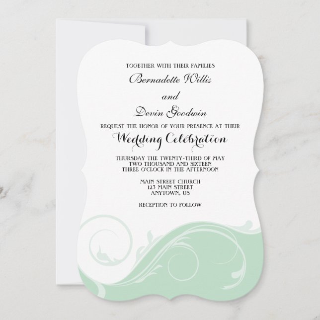 Mint Green Floral Swirl Bracket Wedites Einladung (Vorderseite)