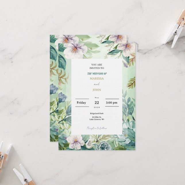 Mint Green Floral Watercolor Wedding Invitation Einladung (Vorderseite/Rückseite Beispiel)
