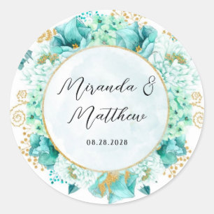 Mint Green Florals und Gold Foliage Wedding Runder Aufkleber
