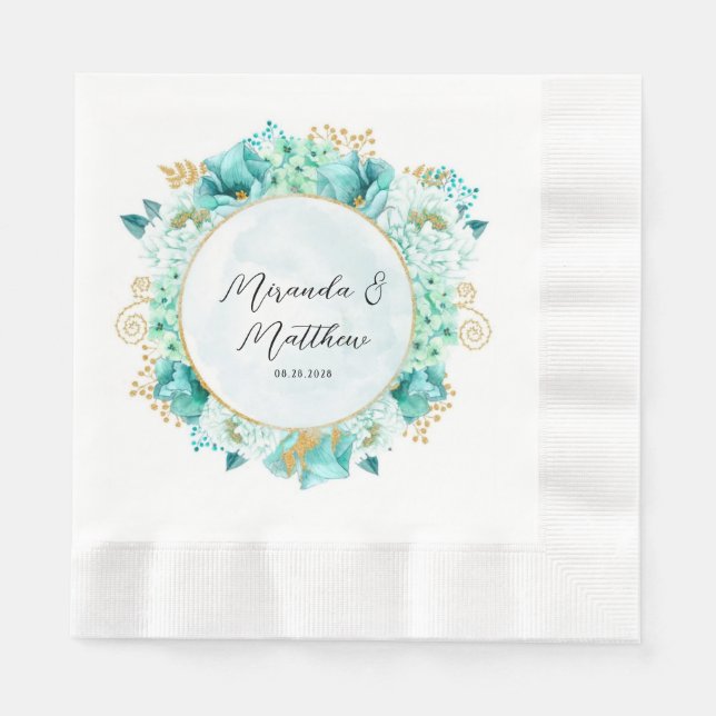 Mint Green Florals und Gold Foliage Wedding Serviette (Vorderseite)