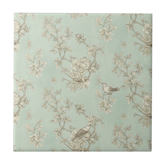 Mint Green French Country Birds and Floral Toile 1 Fliese (Vorderseite)