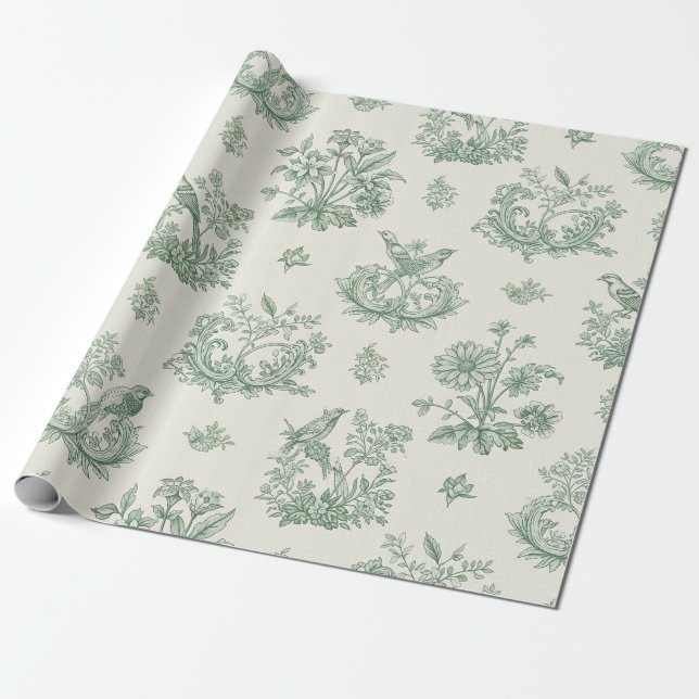 Mint Green French Country Birds and Floral Toile 4 Geschenkpapier (Ungerollt)