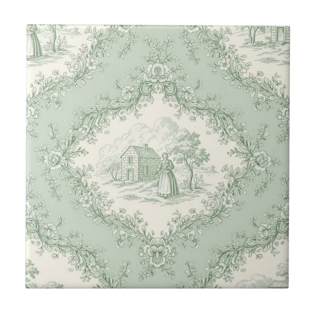 Mint Green French Country Floral Toile - Farmhouse Fliese (Vorderseite)