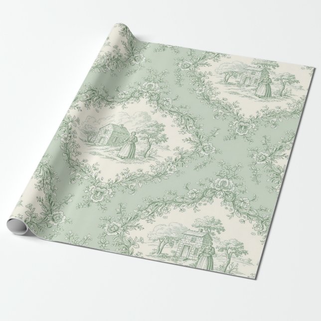 Mint Green French Country Floral Toile - Farmhouse Geschenkpapier (Ungerollt)