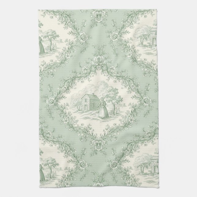 Mint Green French Country Floral Toile - Farmhouse Geschirrtuch (Vertikal)