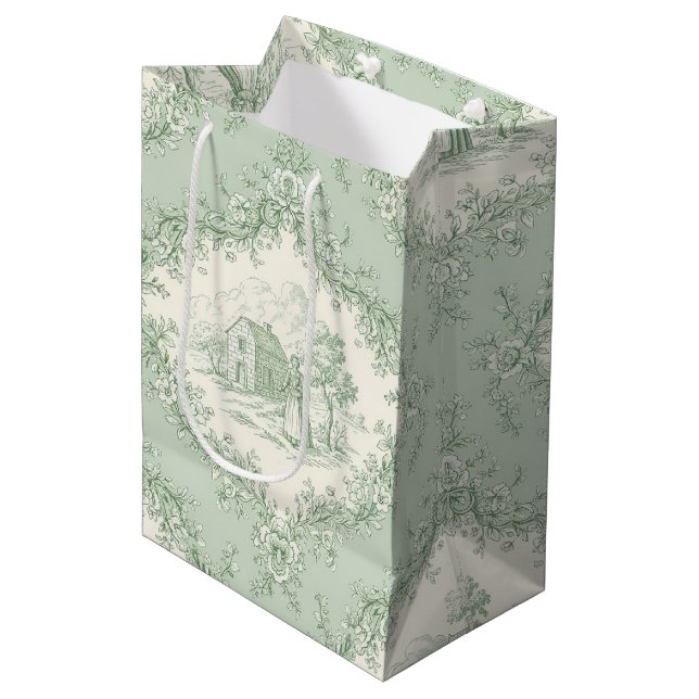 Mint Green French Country Floral Toile - Farmhouse Mittlere Geschenktüte (Vorderseite Schrägansicht)