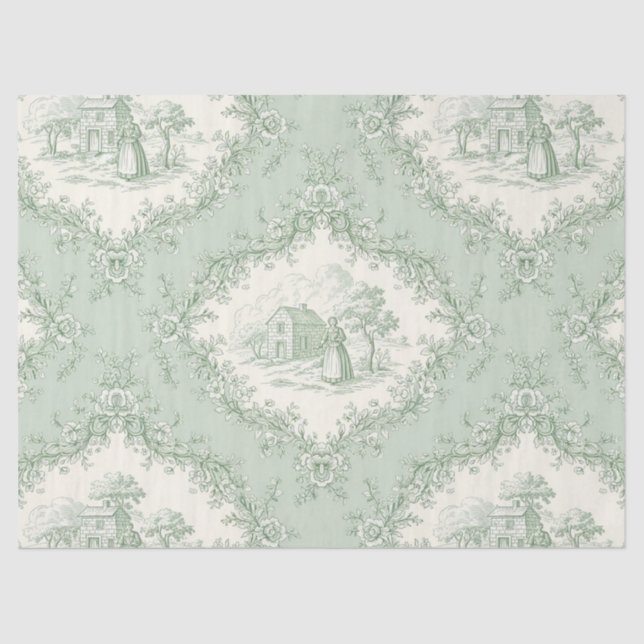 Mint Green French Country Floral Toile - Farmhouse Seidenpapier (Vorderseite)