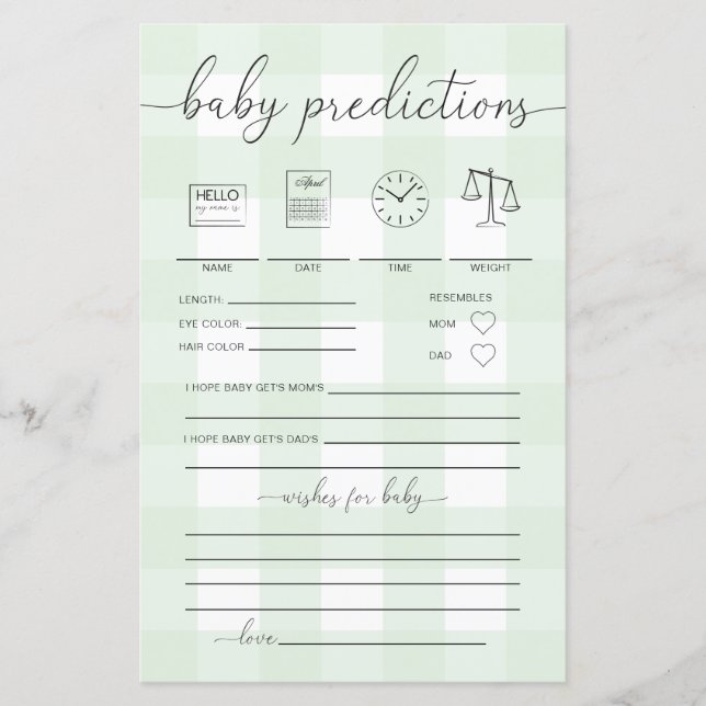 Mint Green Gingham Baby Predictions Game (Vorderseite)
