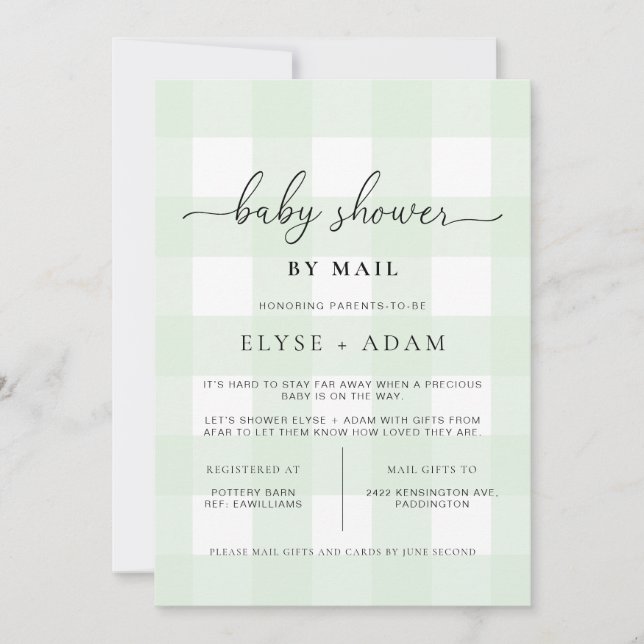 Mint Green Gingham Baby Shower by Mail Einladung (Vorderseite)