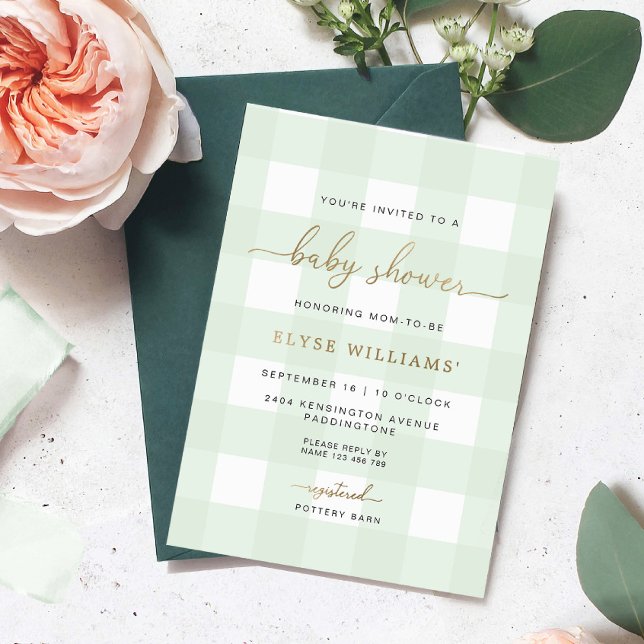 Mint Green Gingham Baby Shower Foil Einladung (Baby Shower Gold Foil Invitation Mint Green Gingham)