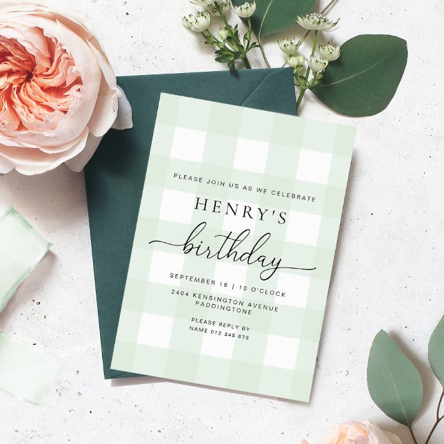 Mint Green Gingham Birthday Invitation Einladung (Von Creator hochgeladen)