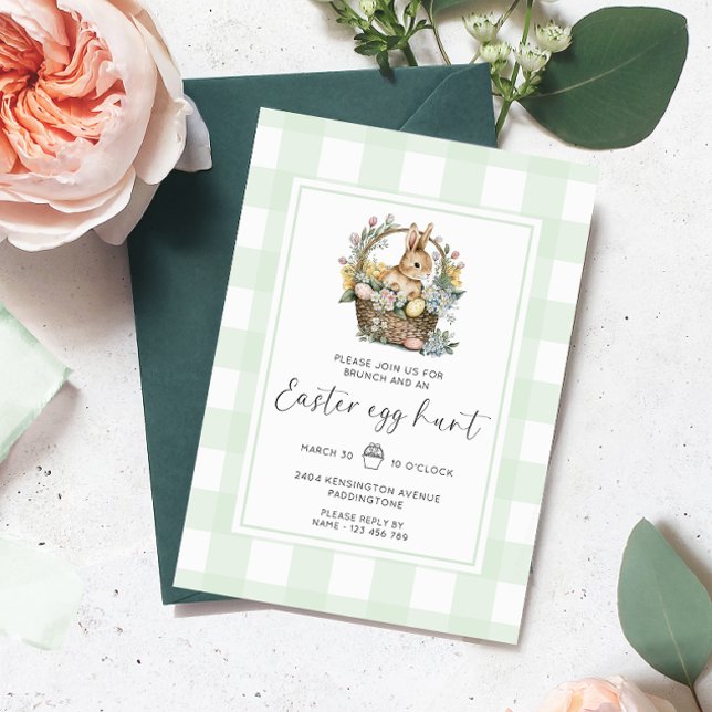 Mint Green Gingham Bunny Easter Egg Hunt Einladung (Easter Egg Hunt Invitation Gingham )