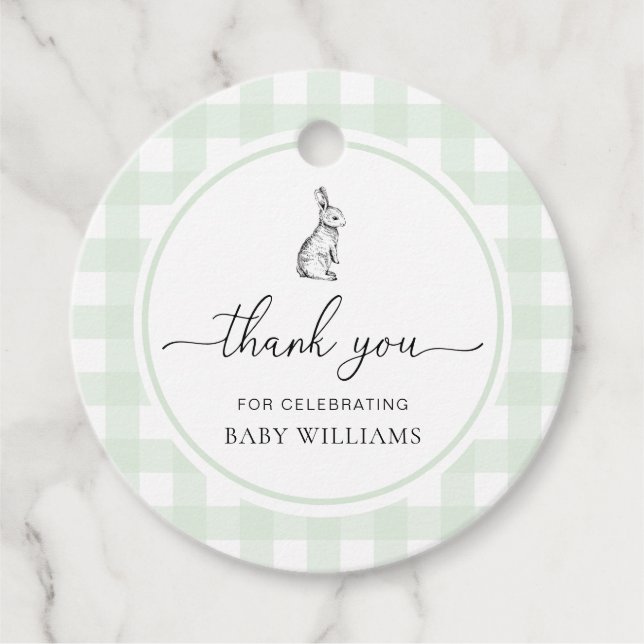 Mint Green Gingham Bunny Rabbit Baby Shower Geschenkanhänger (Vorderseite)