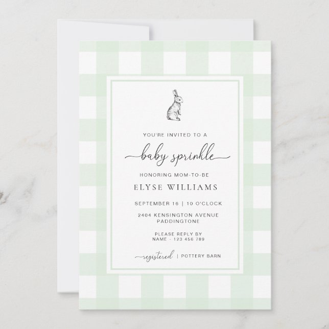Mint Green Gingham Bunny Rabbit Baby Sprinkle Einladung (Vorderseite)