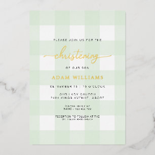 Mint Green Gingham Christening Foil Einladung