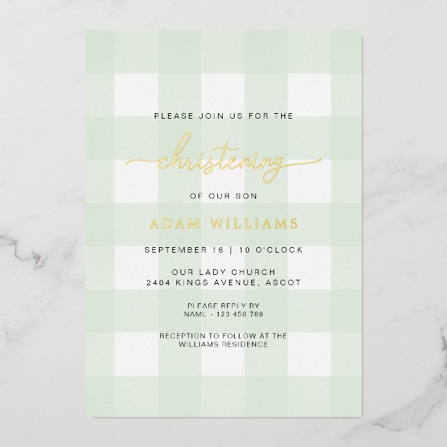 Mint Green Gingham Christening Foil Einladung (Vorderseite)