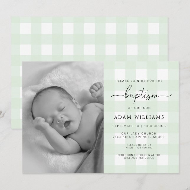 Mint Green Gingham Foto Taufe Einladung (Vorne/Hinten)