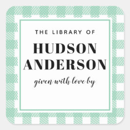 Mint Green Gingham Kariert Baby Boy Book Plate Quadratischer Aufkleber