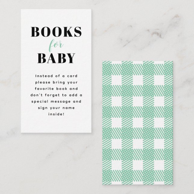 Mint Green Gingham Kariert Baby Shower Buchanfrage Begleitkarte (Vorne/Hinten)
