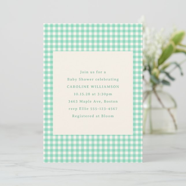 Mint Green Gingham Karierte Niedliche Summer Baby  Einladung (Stehend Vorderseite)