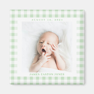 Mint Green Gingham Karo Baby Birthdate Magnet