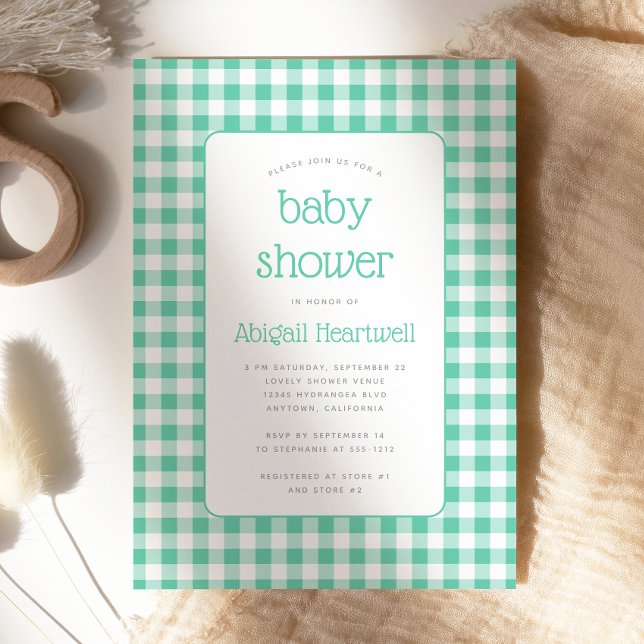 Mint Green Gingham Karo Baby Shower Einladung (Von Creator hochgeladen)
