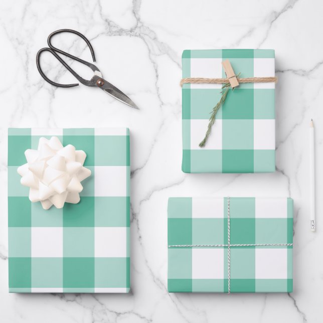 Mint Green Gingham Karo Kariert Geschenkpapier Set (Vorderseite)