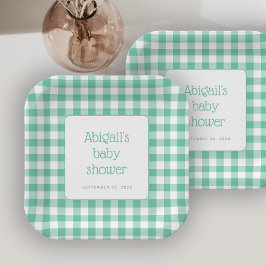 Mint Green Gingham Karo Rustic Baby Dusche Pappteller