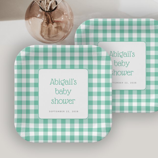 Mint Green Gingham Karo Rustic Baby Dusche Pappteller (Von Creator hochgeladen)