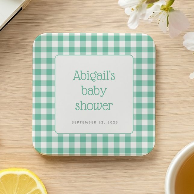 Mint Green Gingham Karo Rustic Baby Dusche Rechteckiger Pappuntersetzer (Von Creator hochgeladen)