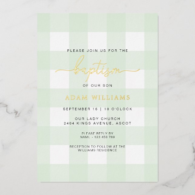 Mint Green Gingham Taufe Gold Foil Einladung (Vorderseite)