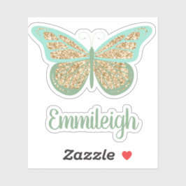 Mint Green Glittery Gold Butterfly Name Aufkleber