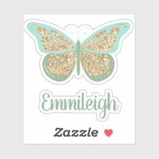 Mint Green Glittery Gold Butterfly Name Aufkleber