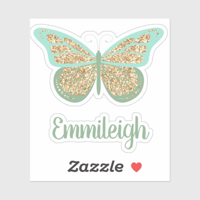 Mint Green Glittery Gold Butterfly Name Aufkleber (Blatt)