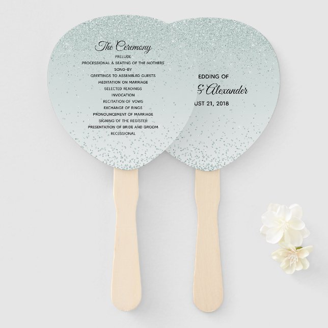 Mint Green Glittery Wedding Program Fan Fächer (Vorne und Hinten)