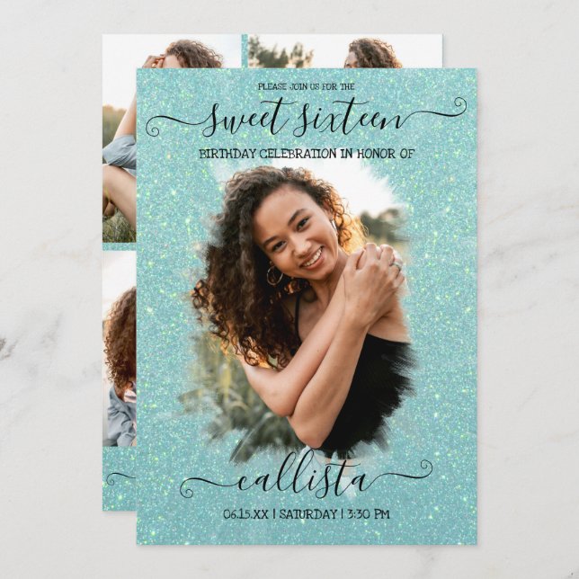 Mint Green Glitzer Halo Foto Collage Sweet 16 Einladung (Vorne/Hinten)
