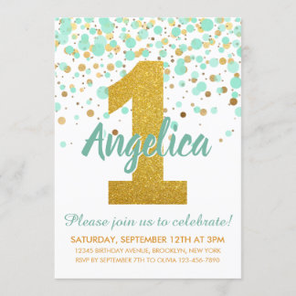 Mint Green Gold 1. Geburtstag Confetti Geburtstag Einladung