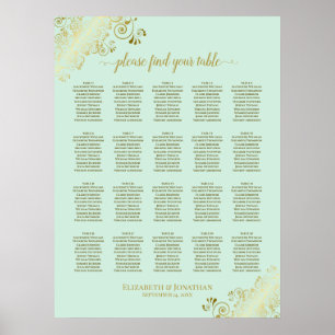 Mint Green & Gold 20 Table Wedding Seating Chart Poster
