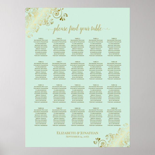 Mint Green & Gold 20 Table Wedding Seating Chart Poster (Vorne)