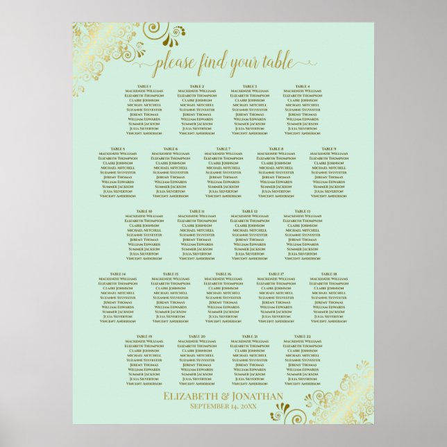 Mint Green & Gold 22 Table Wedding Seating Chart Poster (Vorne)
