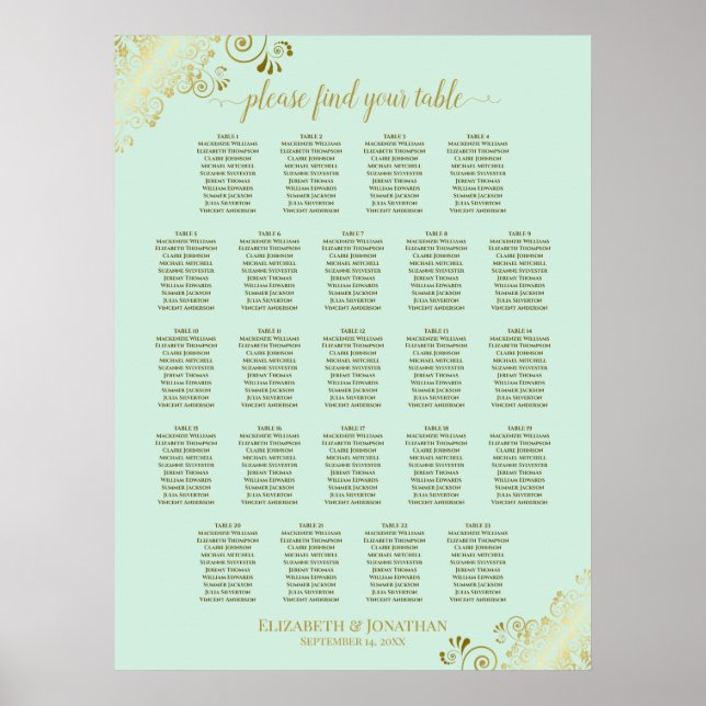 Mint Green & Gold 23 Table Wedding Seating Chart Poster (Vorne)