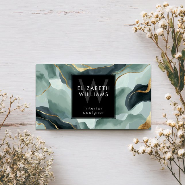 Mint Green Gold Abstract Monogram Business Cards (Von Creator hochgeladen)