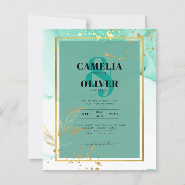 Mint Green Gold Alkohol Tinte Abstrakt Hochzeit (Vorderseite)